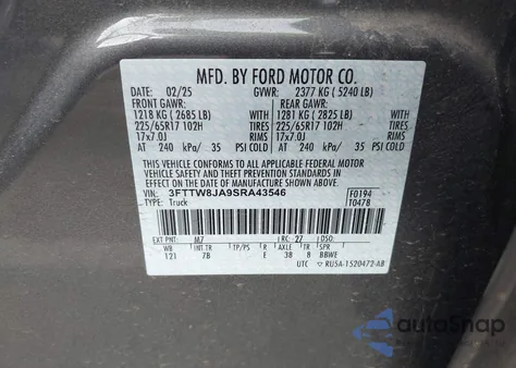 2025 Ford Maverick Xlt from USA, damaged, VIN 3FTTW8JA9SRA43546